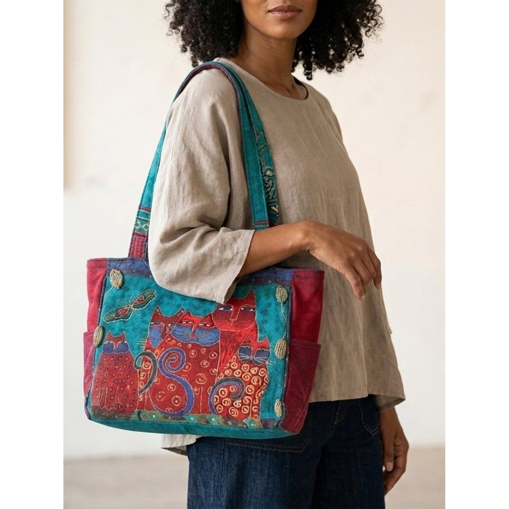 Laurel Burch Indigo Cats Canvas Tote Bag Teal Burgundy Shoulder Bag Zip Top
